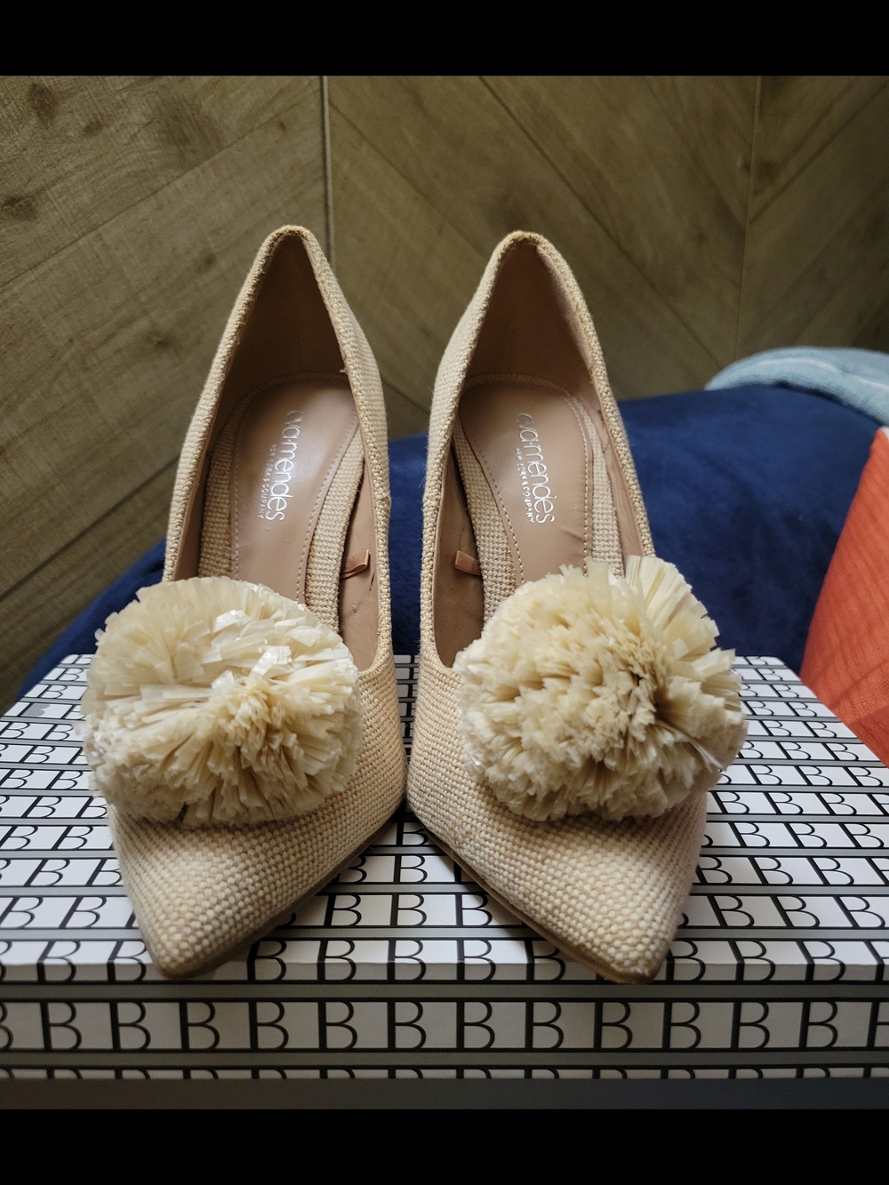 Eva Mendes Pointed Toe Cream Gingham Pom Pom Pumps